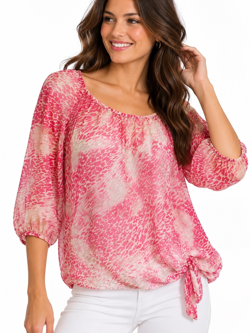EXPRESS Pink Animal Print Sheer Tie Hem Blouse Balloon Sleeve Top Small Y2K